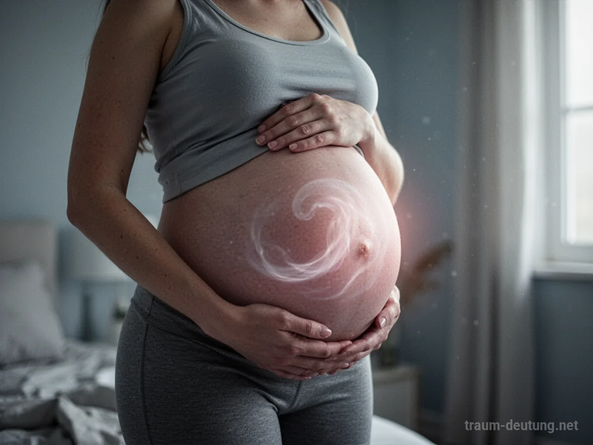 Schwangerer Bauch mit sanftem Leuchten, das Leben und Bewegung andeutet.