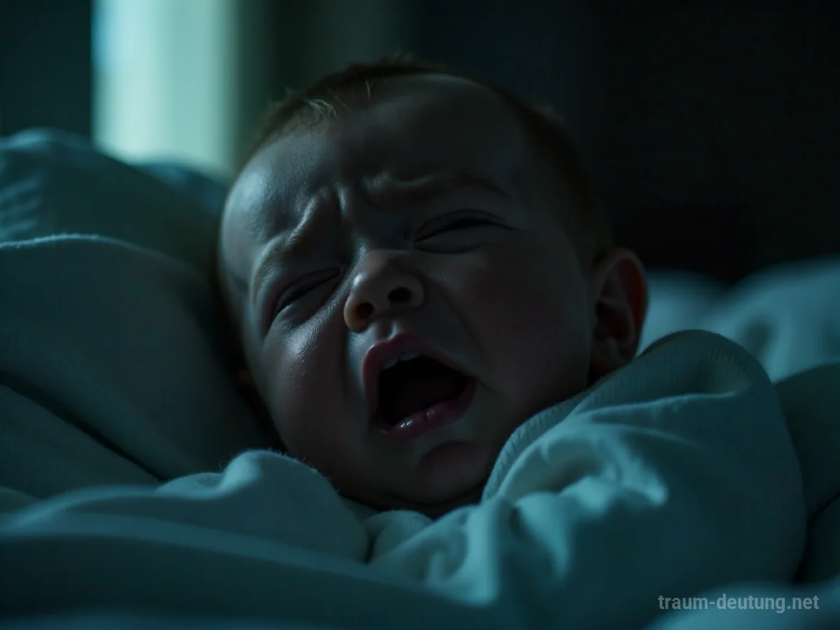 Ein weinendes Baby in einem dunklen Raum, das Intensität und Hilferuf symbolisiert.