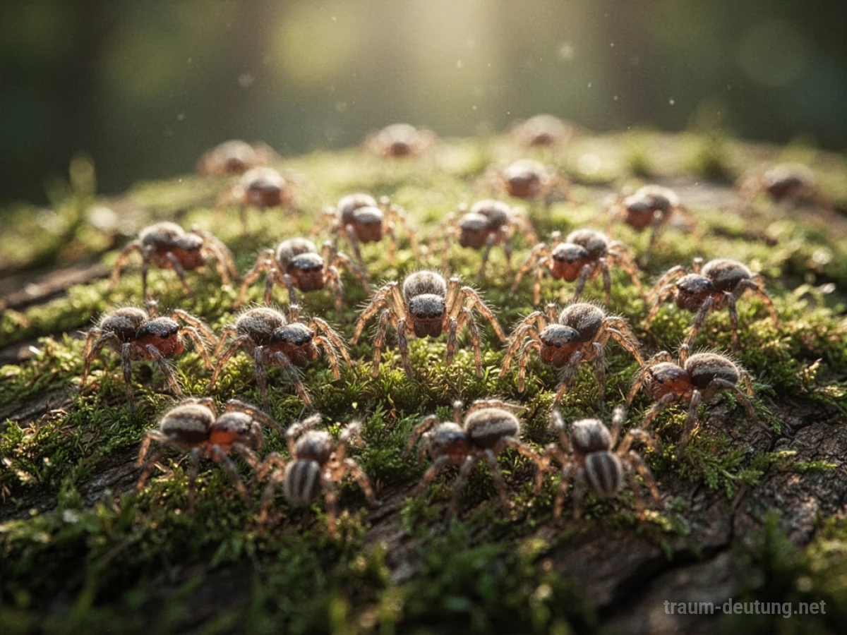 Kleine Baby Spinnen krabbeln auf Moos im Sonnenlicht.