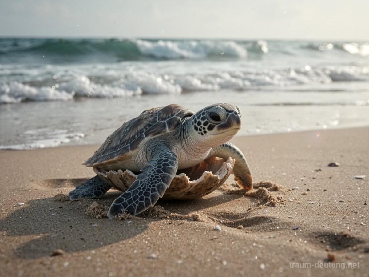 Kleine Babyschildkröte krabbelt aus ihrem Panzer am Strand.