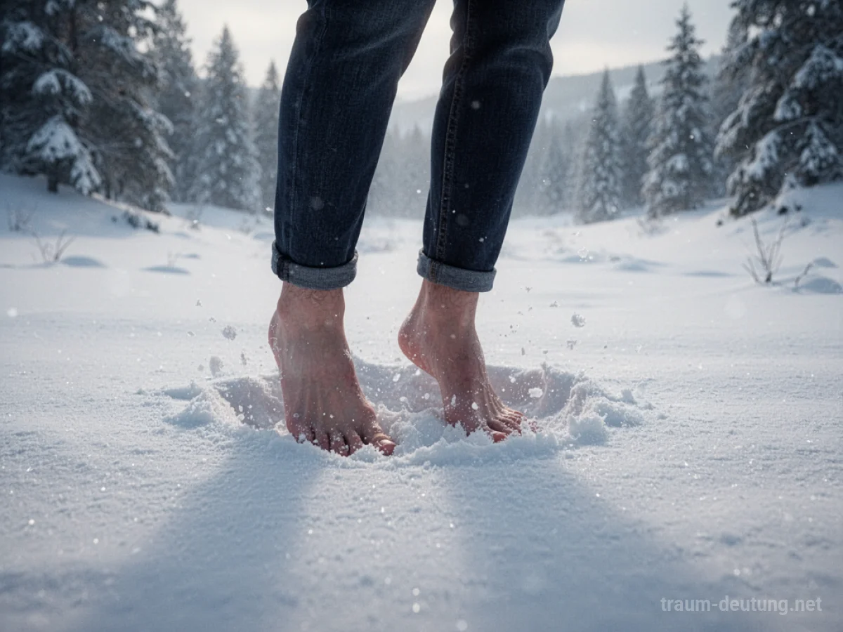 Barfuß im Schnee auf einer ruhigen Winterlandschaft.