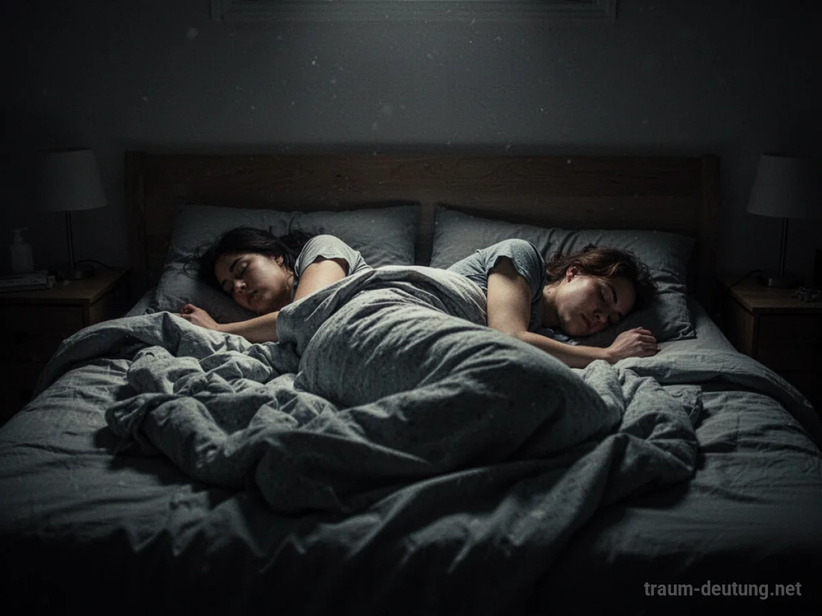 Zwei schlafende Personen im Bett, eine Figur im Schatten