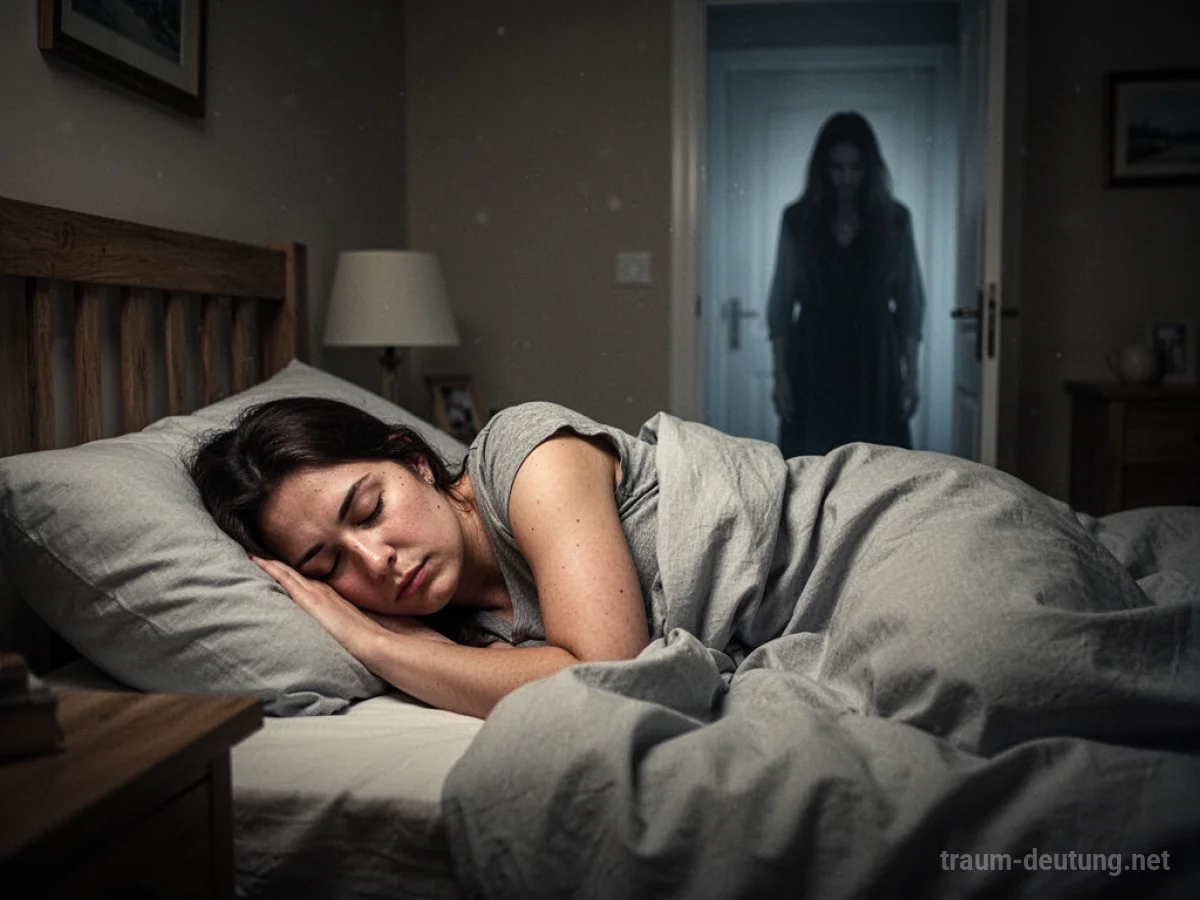 Eine Person schläft im Bett, während eine Schattenfigur aus der Tür zusieht.