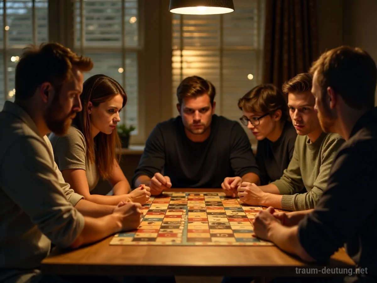 Menschen spielen ein Brettspiel an einem Tisch, konzentrierte Gesichter.