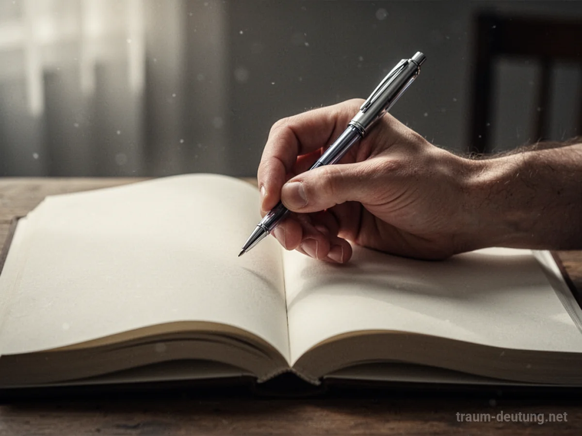 Hand hält Stift über offenem Buch mit leeren Seiten