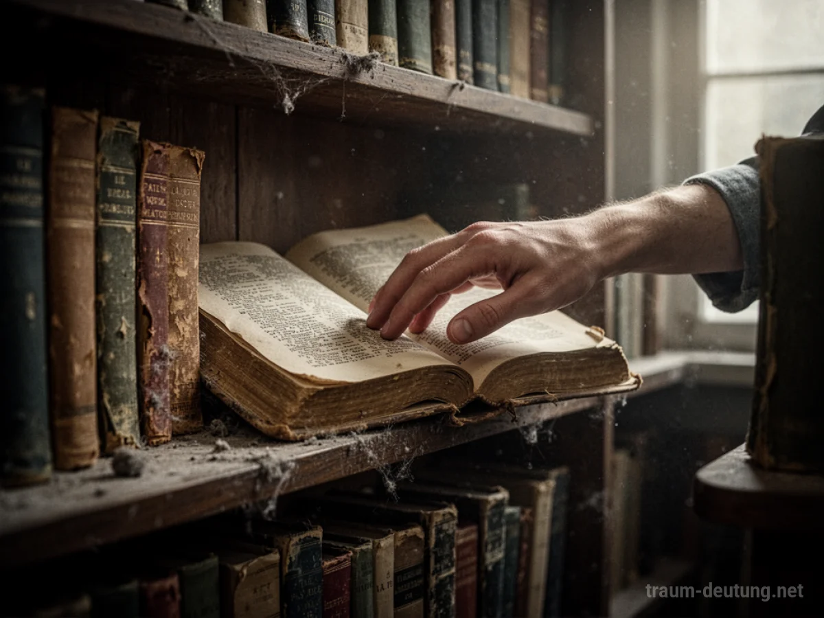 Eine Hand greift nach einem alten, offenen Buch in einem Bücherregal.