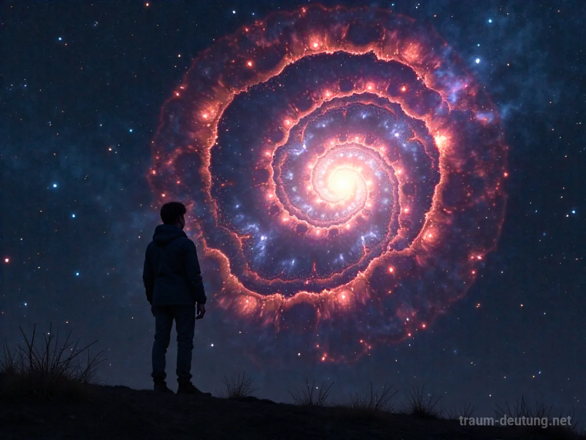 Silhouette einer Person, die in einen kosmischen Nebel blickt, in dem Zukunftsvisionen erscheinen.