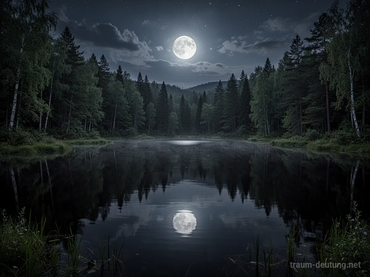 Ein dunkler, stiller See in der Nacht, umgeben von Bäumen.