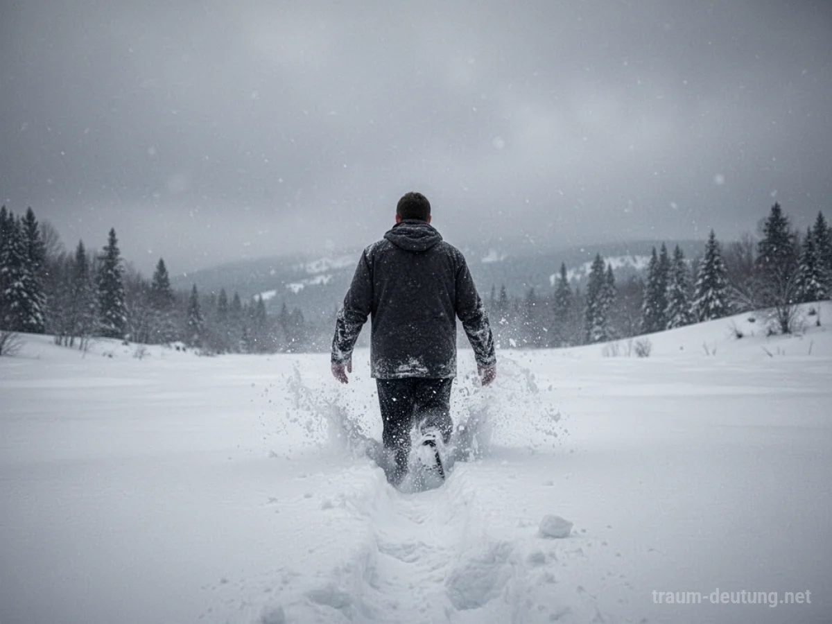 Eine Person kämpft sich durch tiefen Schnee, der ihr bis zur Taille reicht.