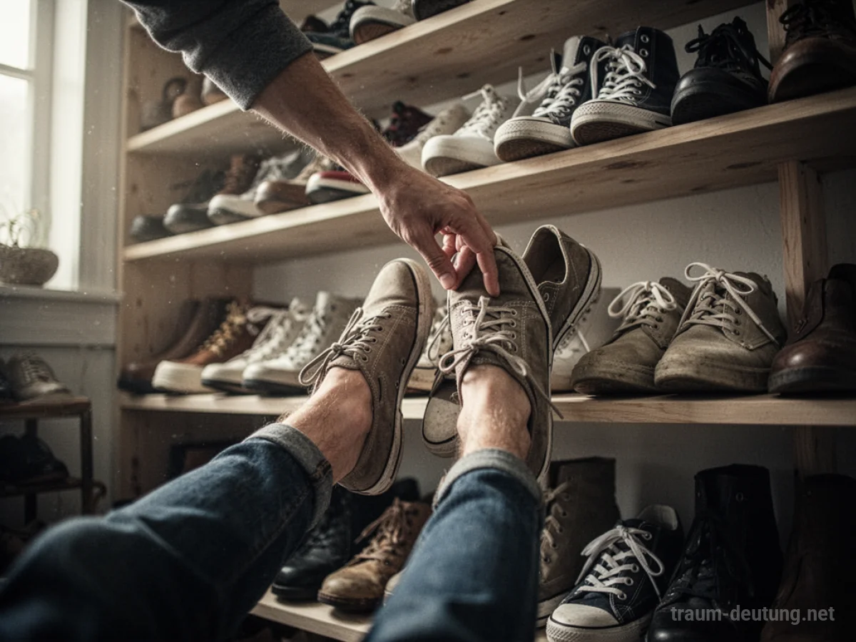 Füße suchen nach einem Paar Schuhen in einem Schuhregal.