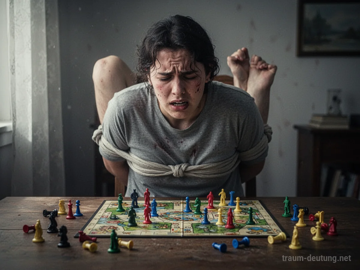 Person mit gefesselten Händen spielt ein Brettspiel, wirkt verzweifelt.
