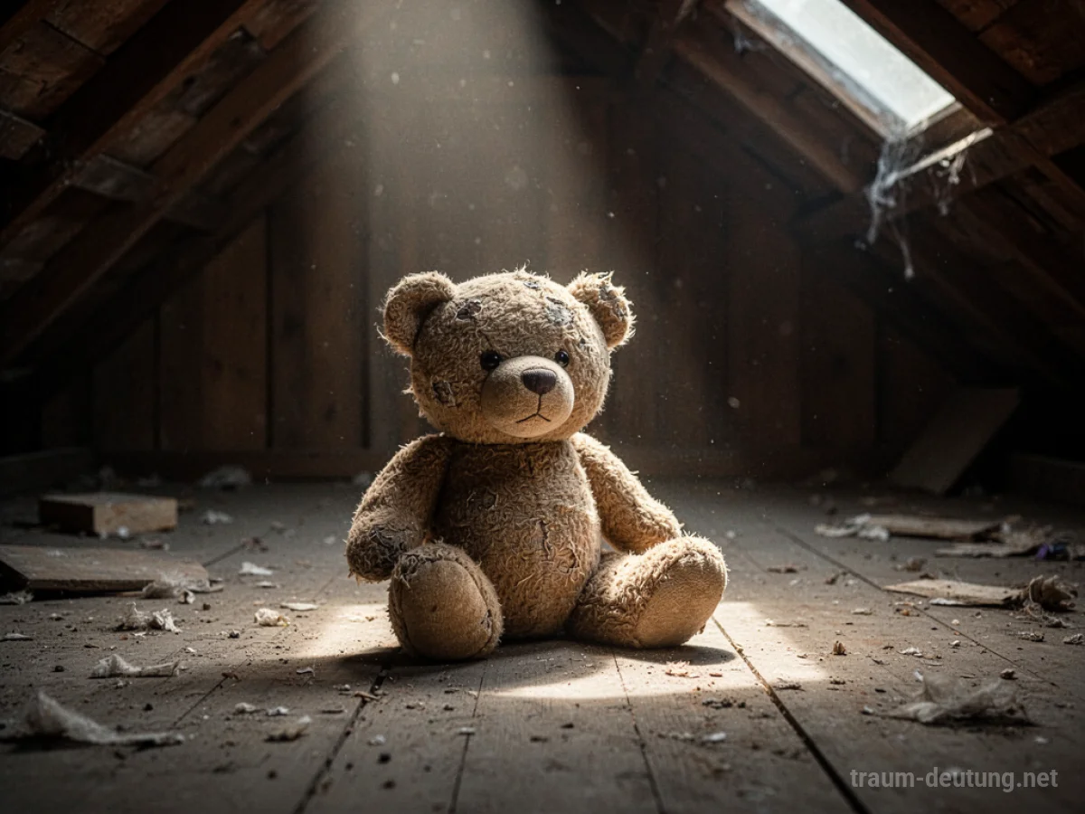Ein einsamer Teddybär sitzt auf einem staubigen Dachboden.