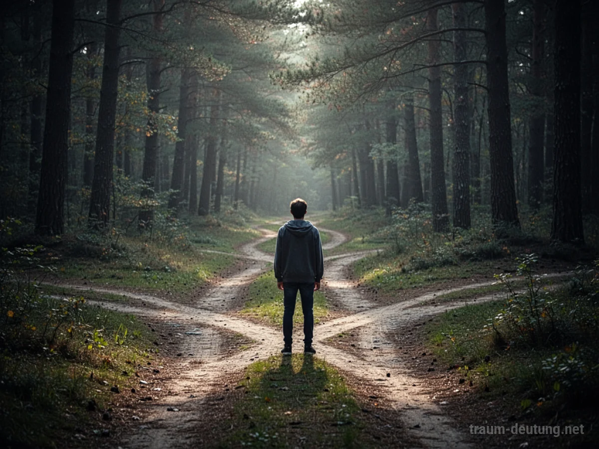 Eine Person steht an einer Weggabelung und sucht nach einem Ausgang im Wald.