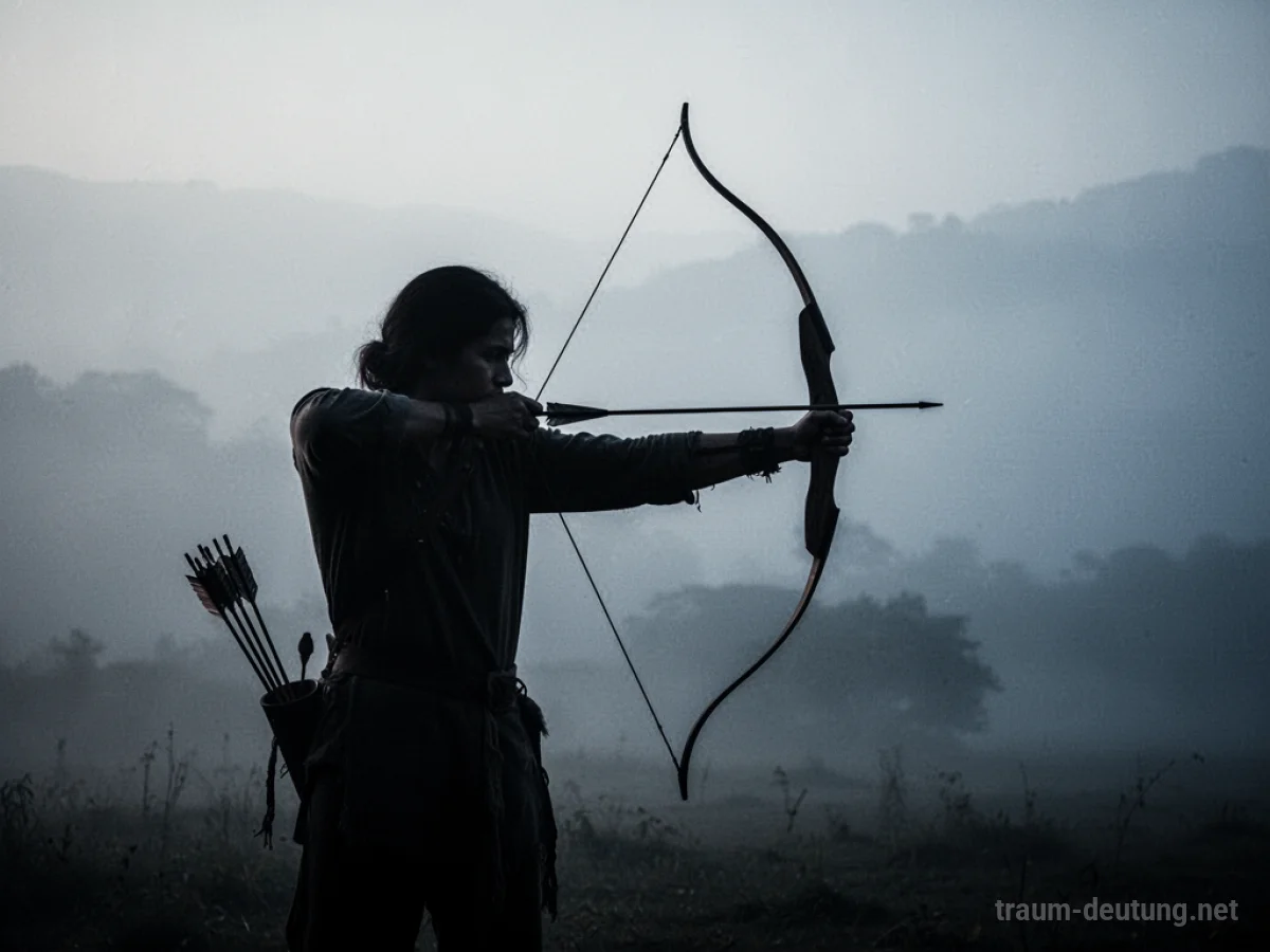 Silhouette eines Bogenschützen, der in eine nebelige Landschaft zielt.