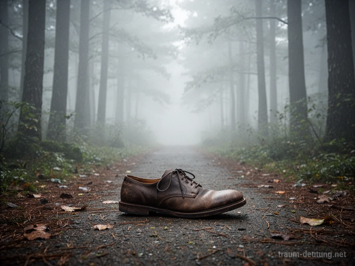 Ein einzelner Schuh liegt auf einem nebligen Waldweg.