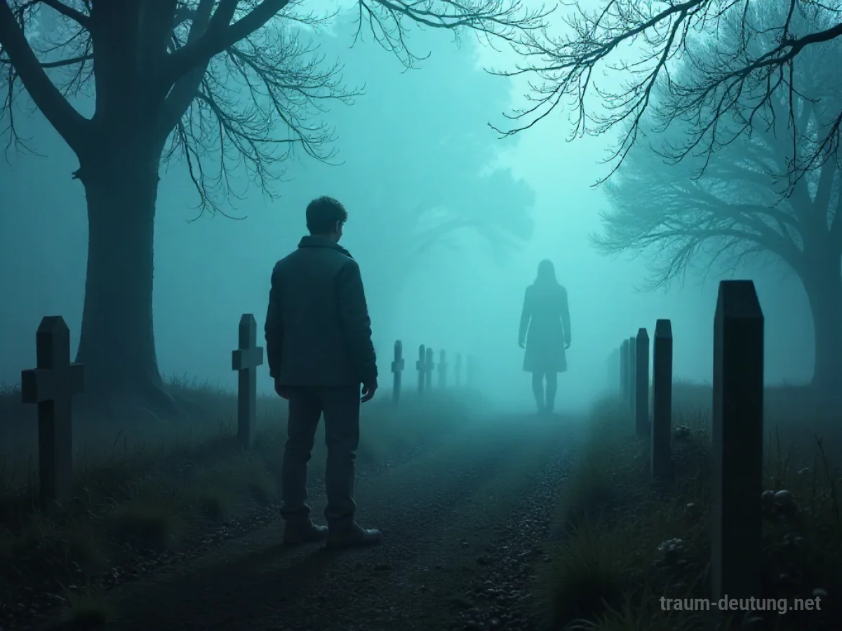 Eine Person steht vor der Silhouette eines verstorbenen Freundes in einem nebligen Friedhof.