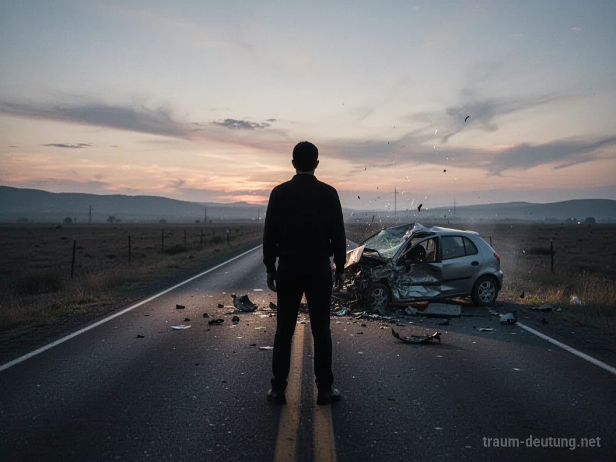 Silhouette einer Person blickt auf eine Unfallstelle auf einer einsamen Straße im Zwielicht.