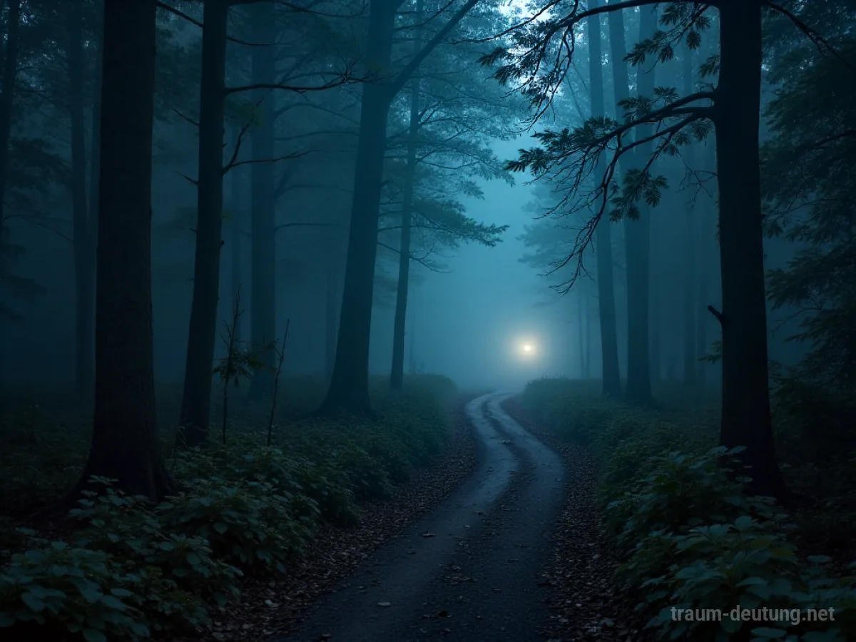 Ein leuchtender Pfad führt durch einen nebligen Wald.