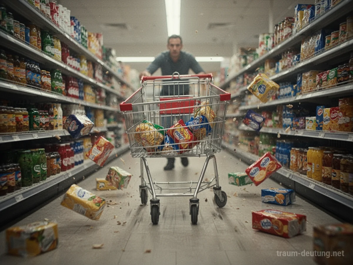 Ein außer Kontrolle geratener Einkaufswagen rast durch einen Supermarktgang.