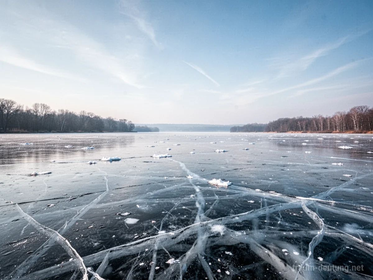 Ein zugefrorener See unter klarem Himmel, der die Stille und Kälte des Traumsymbols Eis auf dem See widerspiegelt.