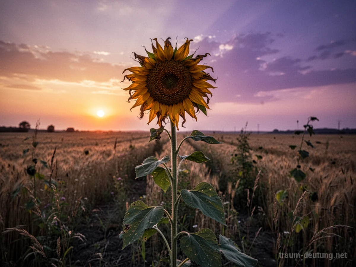 Welkende Sonnenblume im Abendlicht, die das Ende des Sommers symbolisiert.