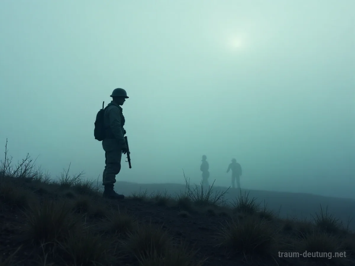 Ein einsamer Soldat steht in einer nebligen, weiten Landschaft.