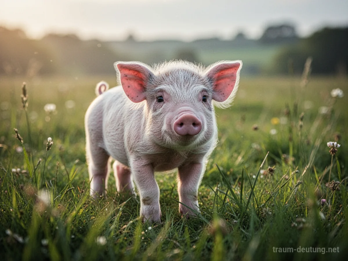 Ein kleines, süßes Ferkel steht auf einer grünen Wiese.