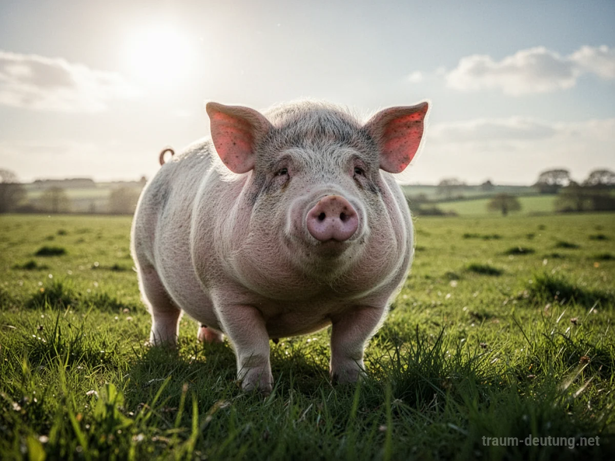 Ein sehr fettes Schwein steht auf einer grünen Wiese.