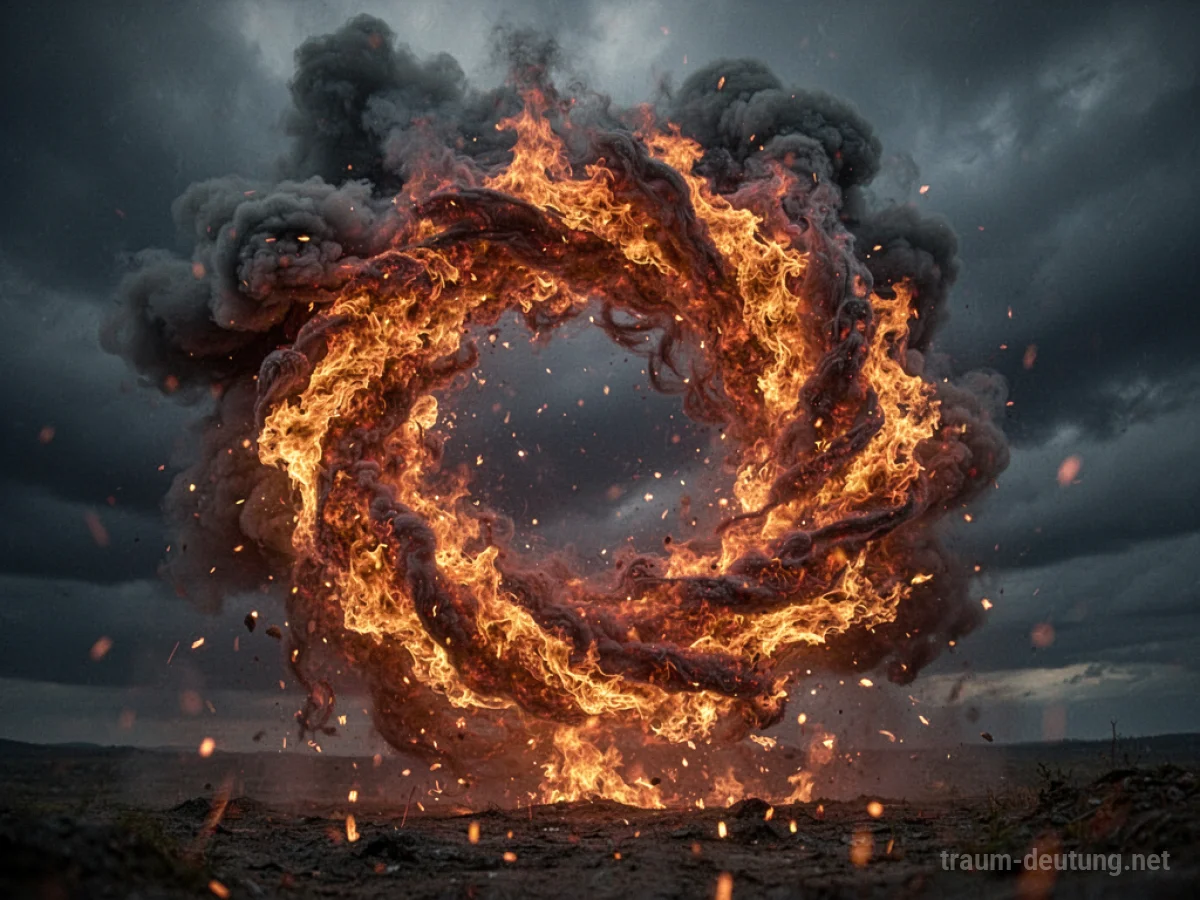 Ein wirbelnder Feuersturm mit glühenden Kohlen vor einem dunklen, turbulenten Himmel.