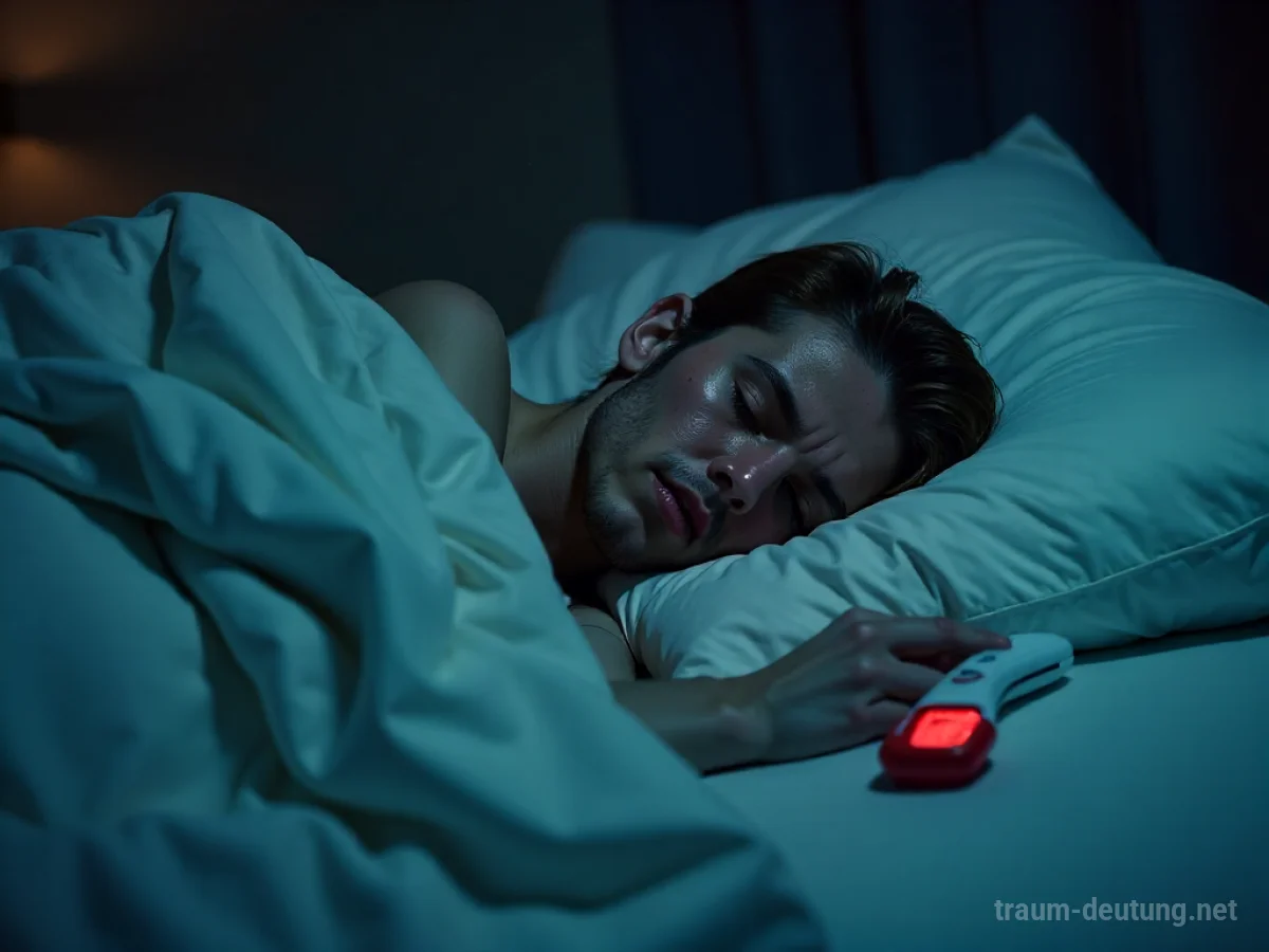 Person mit Fieberschweiß im Bett liegend, deutliche Anzeichen von Krankheit und Erschöpfung
