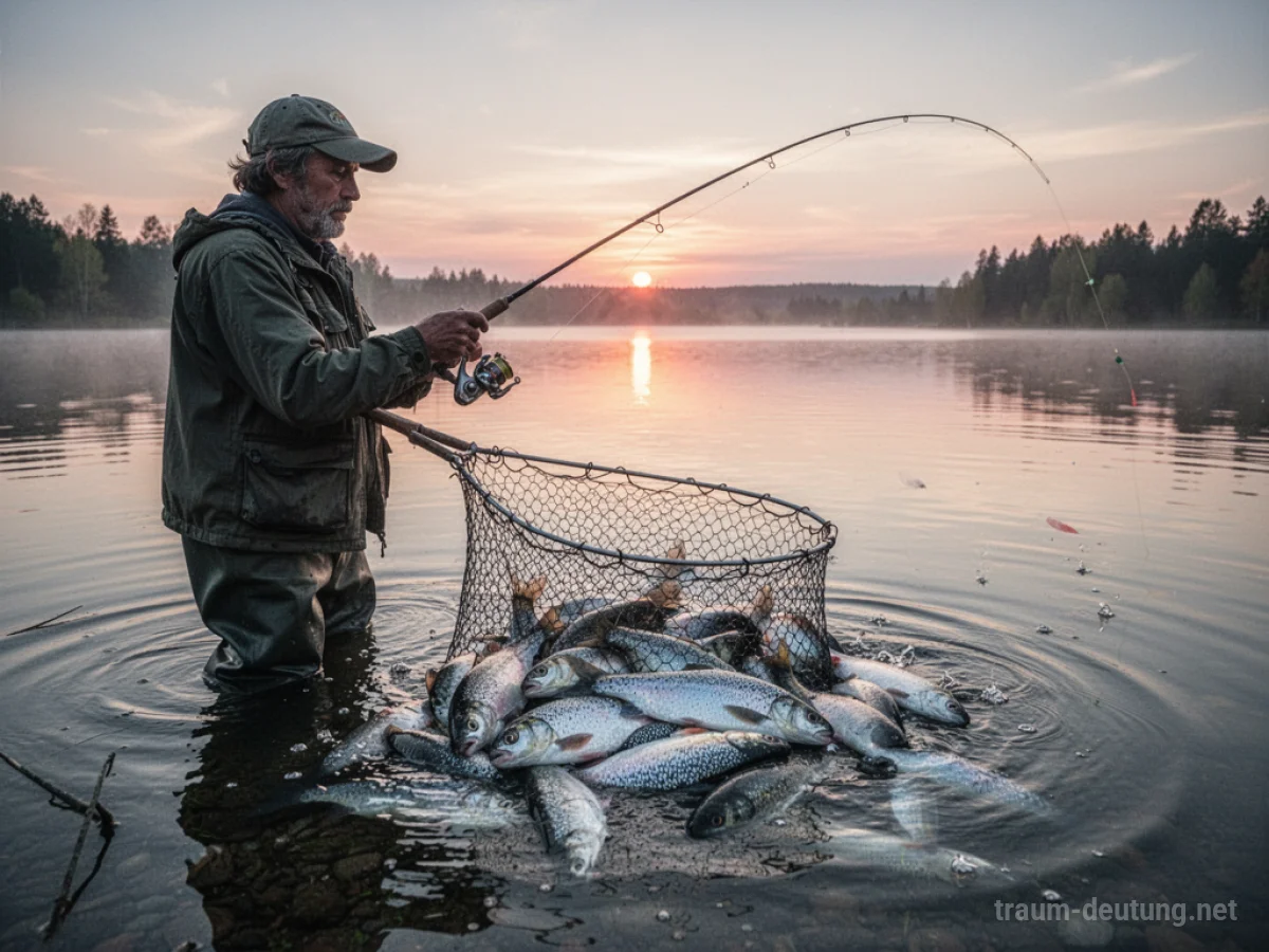 Person fängt Fische in einem See bei Sonnenaufgang