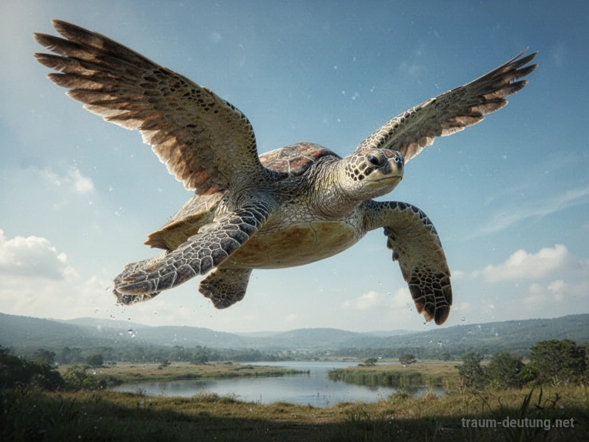 Eine große Schildkröte mit Flügeln fliegt majestätisch am Himmel.