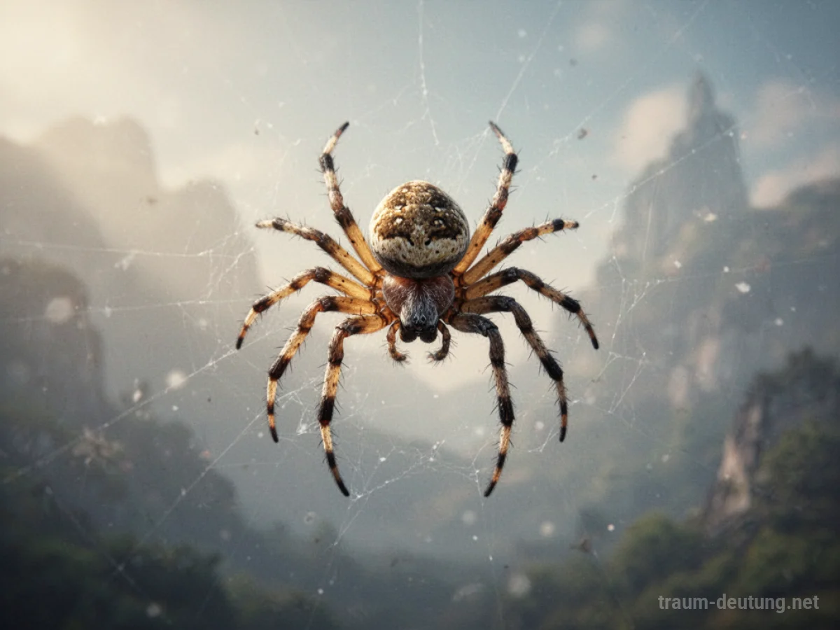 Eine schwebende Spinne in einem surrealen Traumhimmel