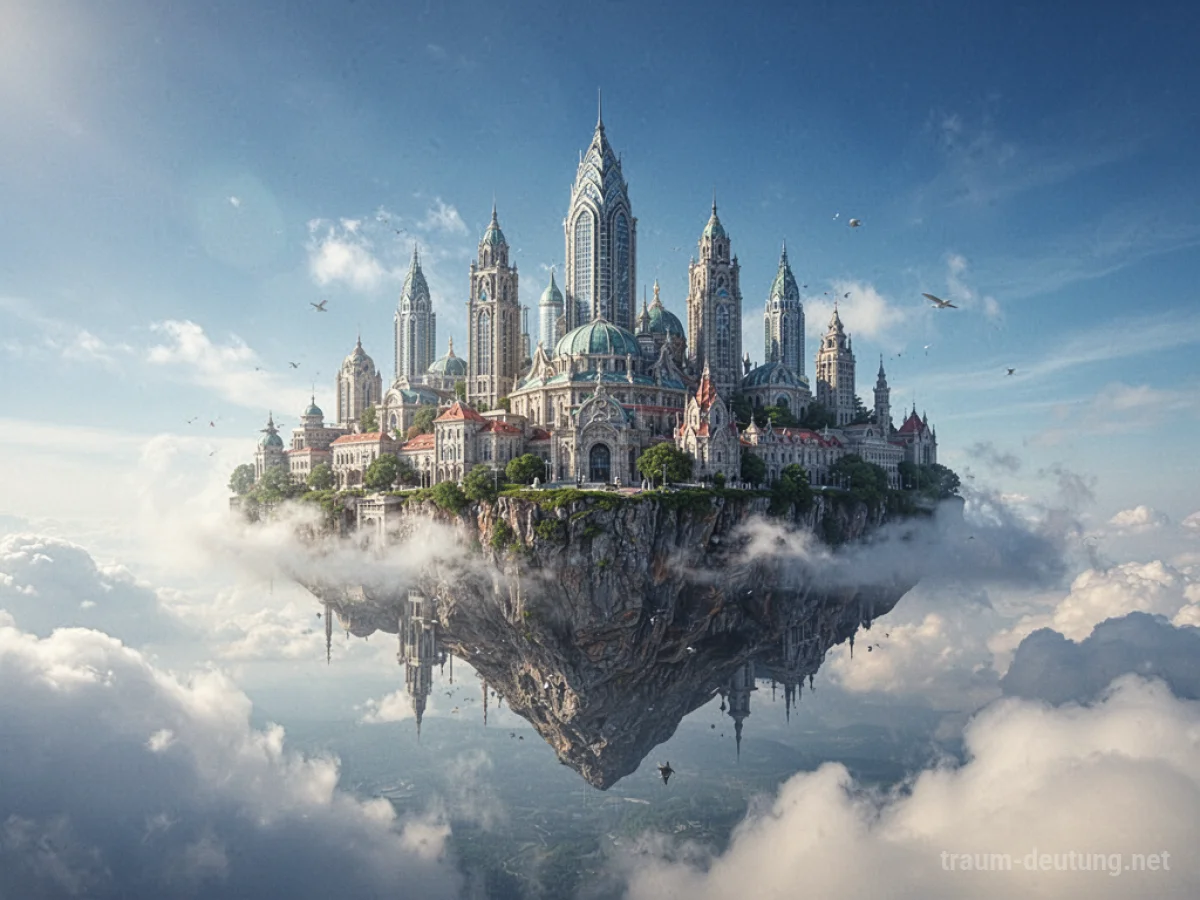 Eine schwebende Stadt am Himmel.