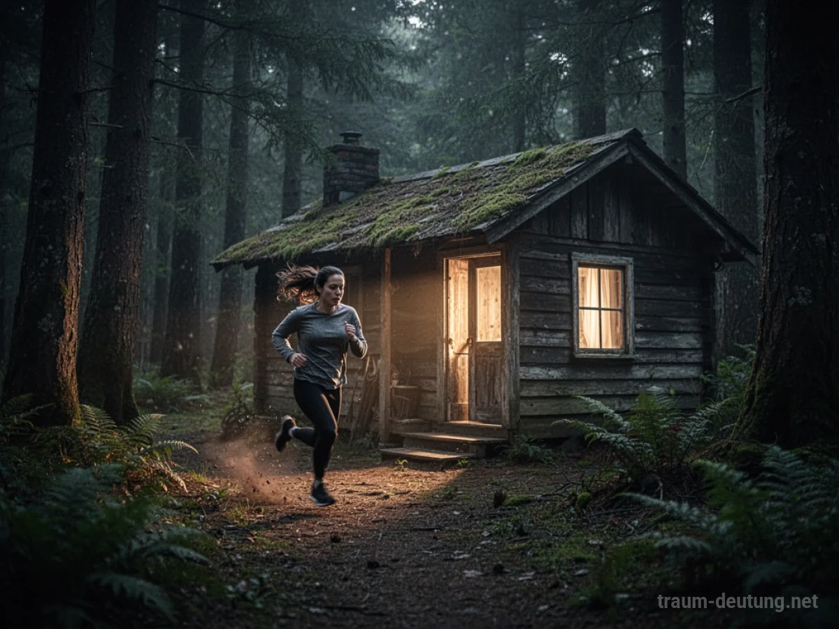 Person flieht durch dunklen Wald zu einer kleinen Hütte.