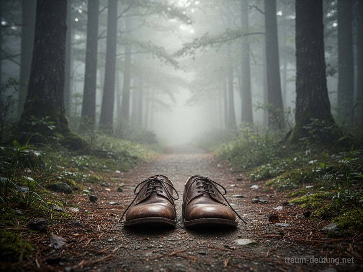 Fremde Schuhe stehen auf einem Weg, der in einen nebligen Wald führt.