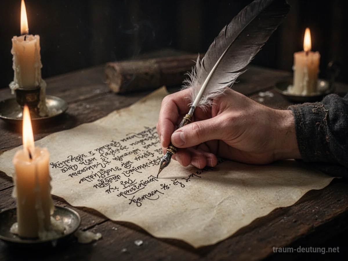 Hand schreibt mit Feder auf Pergament in unbekannter Schrift