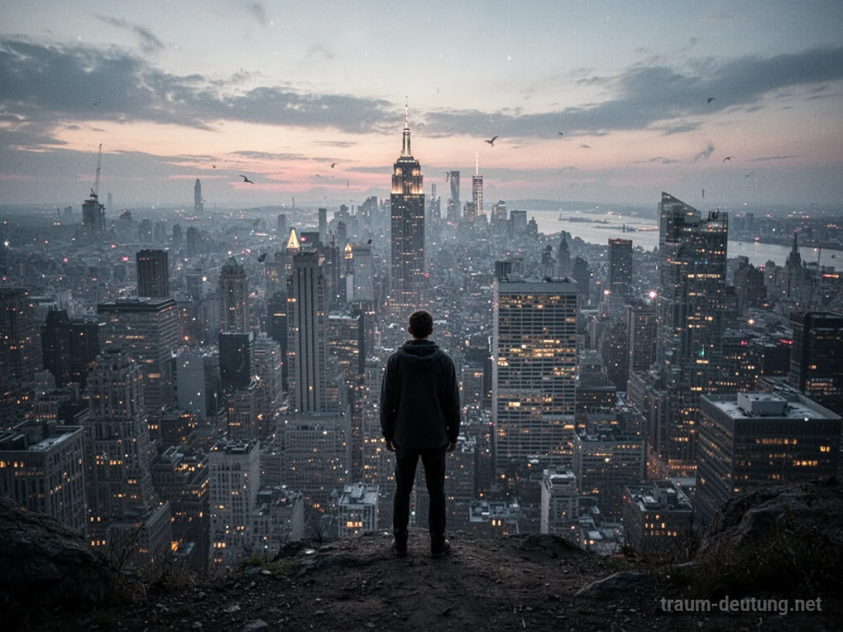 Eine Person steht am Rand einer fremden Stadt und blickt auf die Skyline.