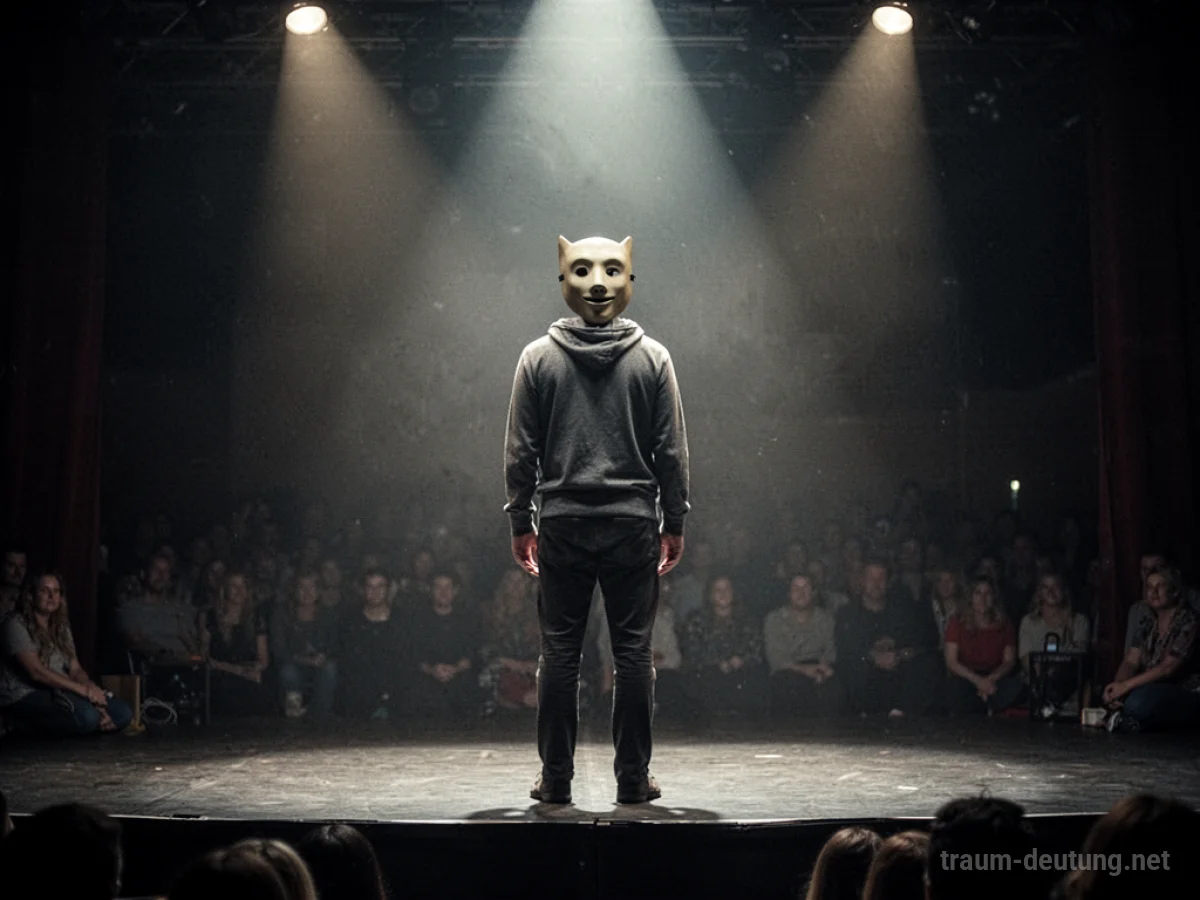 Eine einzelne Figur in einer Maske steht auf einer Bühne.