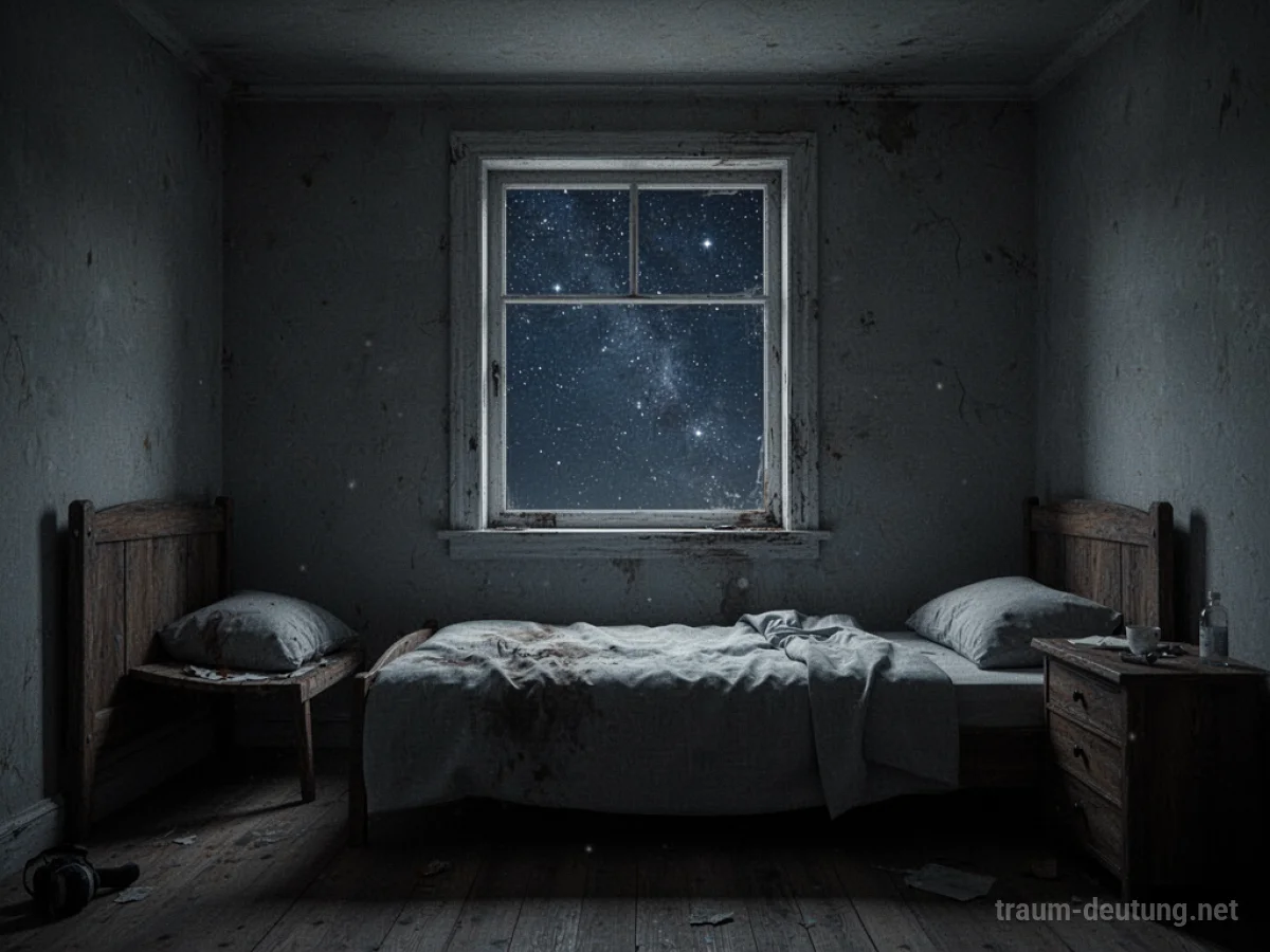 Ein unbekanntes, spärlich eingerichtetes Schlafzimmer bei Nacht