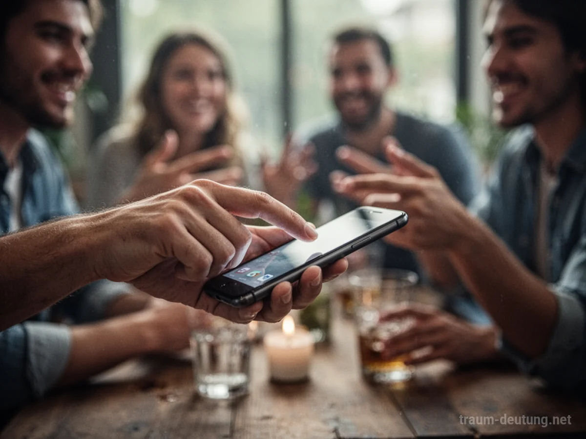 Hand benutzt ein fremdes Smartphone in einem sozialen Umfeld