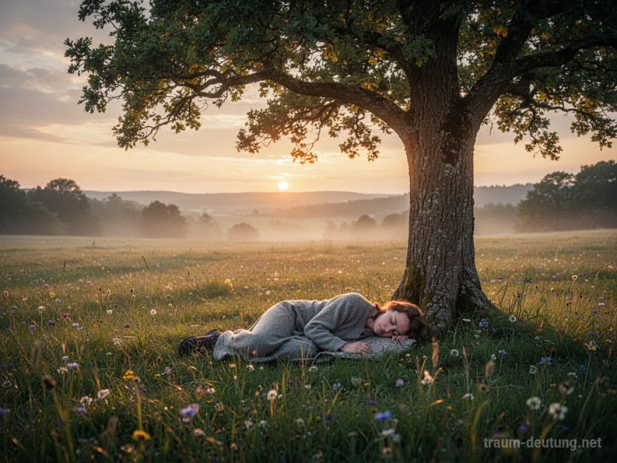 Eine Person schläft friedlich unter einem Baum in einer ruhigen Landschaft im Morgengrauen.