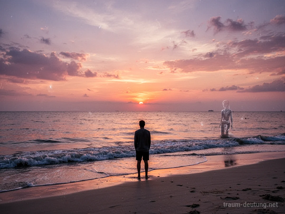 Friedlicher Sonnenuntergang über dem Meer mit warmen Farben am Himmel und einer einsamen Silhouette am Strand.