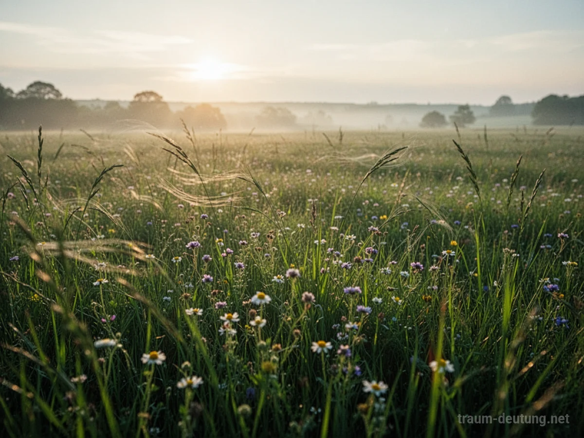 Eine saftig grüne Wiese im sanften Licht des frühen Morgens mit blühenden Wildblumen.