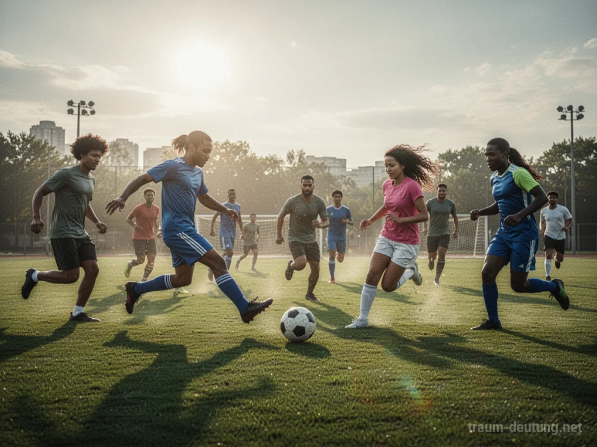 Menschen spielen Fußball auf einem grünen Feld