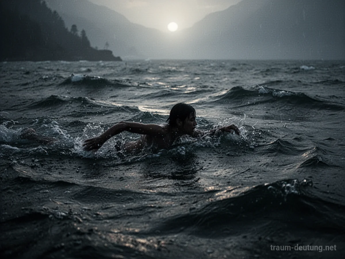 Person schwimmt gegen starke Strömung im dunklen Wasser.