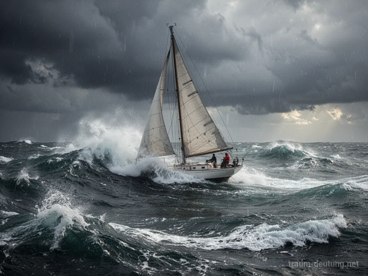 Ein Segelboot kämpft gegen starken Wind und Wellen auf stürmischer See.