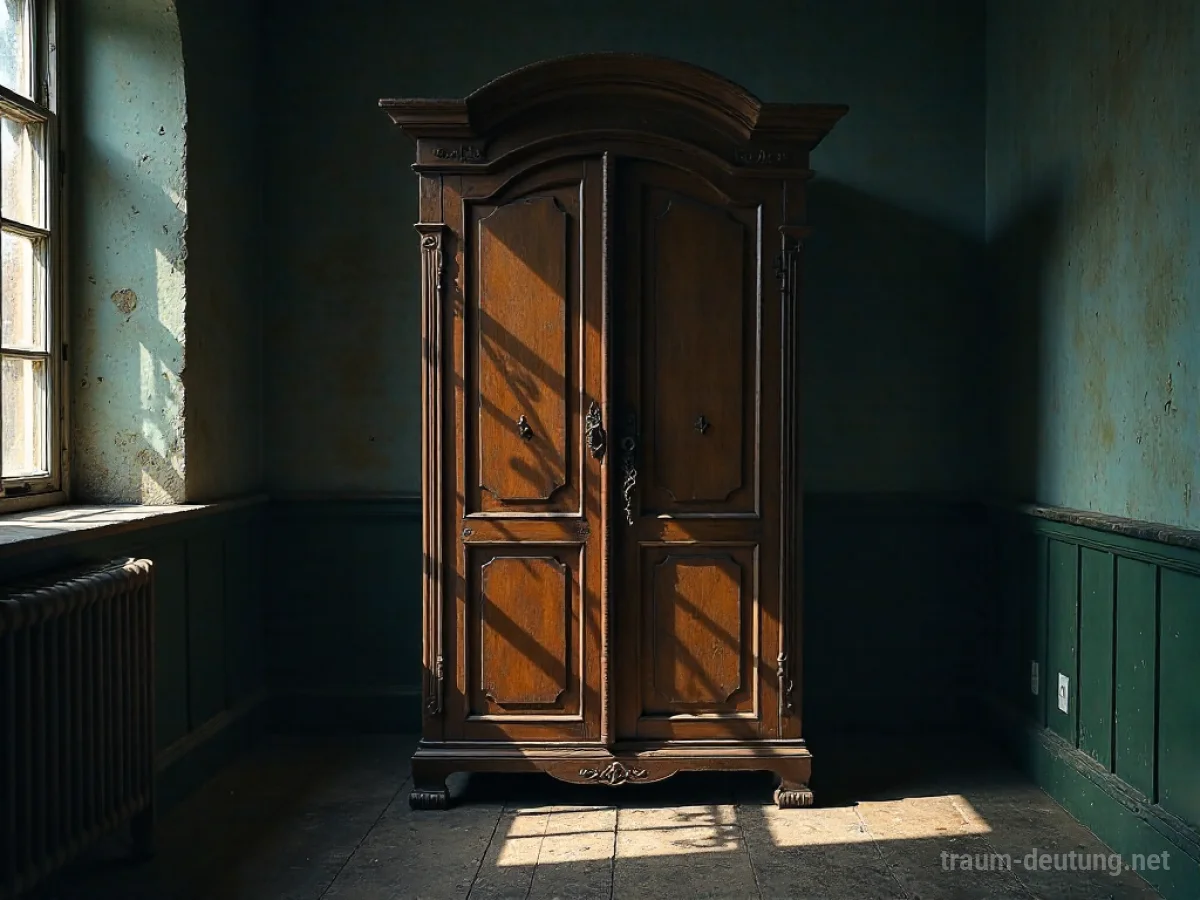 Ein alter, geheimnisvoller Schrank in einem dunklen Raum, dessen Türen leicht geöffnet sind.