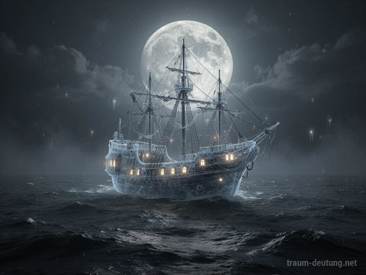 Ein durchscheinendes Geisterschiff segelt auf stürmischer See im Mondlicht.