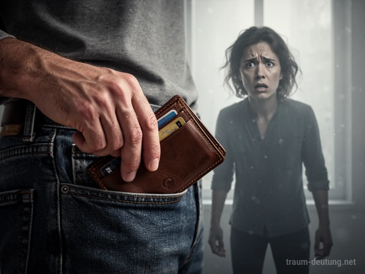 Hand stiehlt Geld aus einer Hosentasche, im Hintergrund eine ängstliche Silhouette.